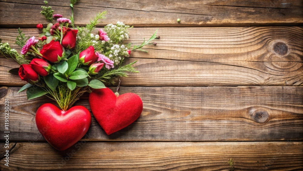 Valentine's Day Background Two Red Hearts On Vintage Wooden Table , floral arrangement Valentine's Day Background Two Red Hearts On Vintage Wooden Table , floral arrangement