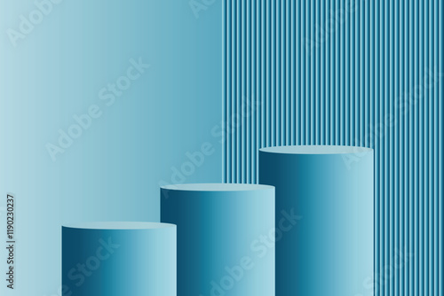 Abstract blue podium cylinders on striped background for product presentation