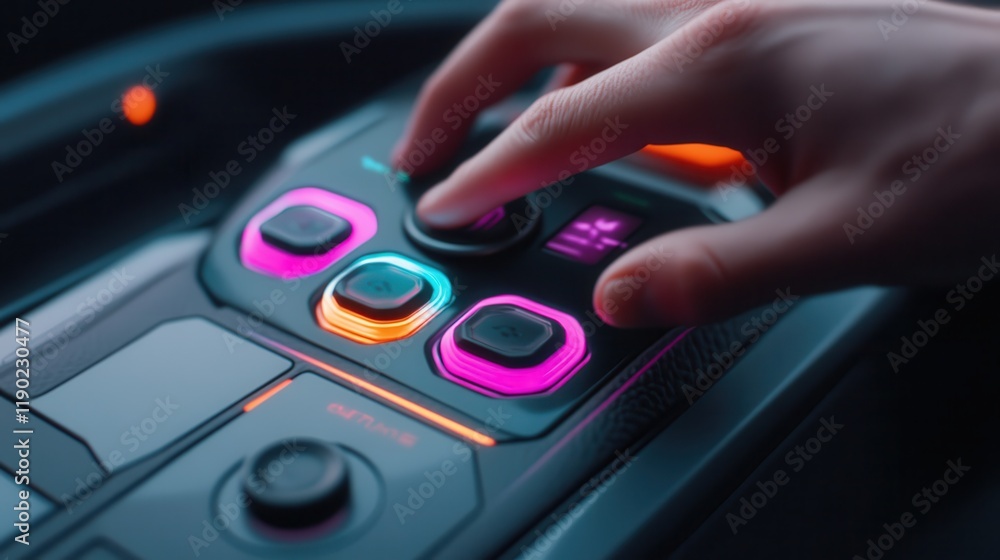 Close-up of a futuristic hand gesture control panel with vibrant holograms, Close-up of a futuristic hand gesture control panel with vibrant holograms,