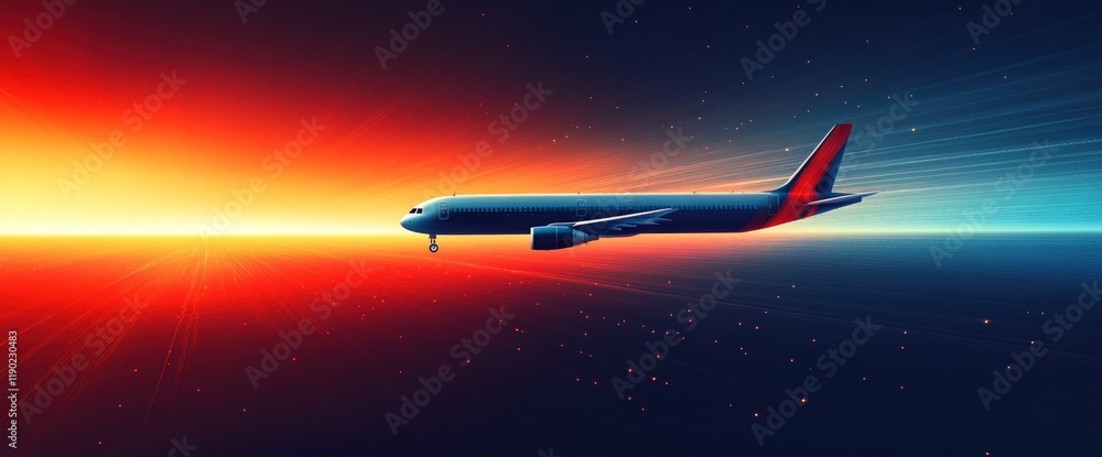 Naklejka premium Airplane flying over ocean sunset.