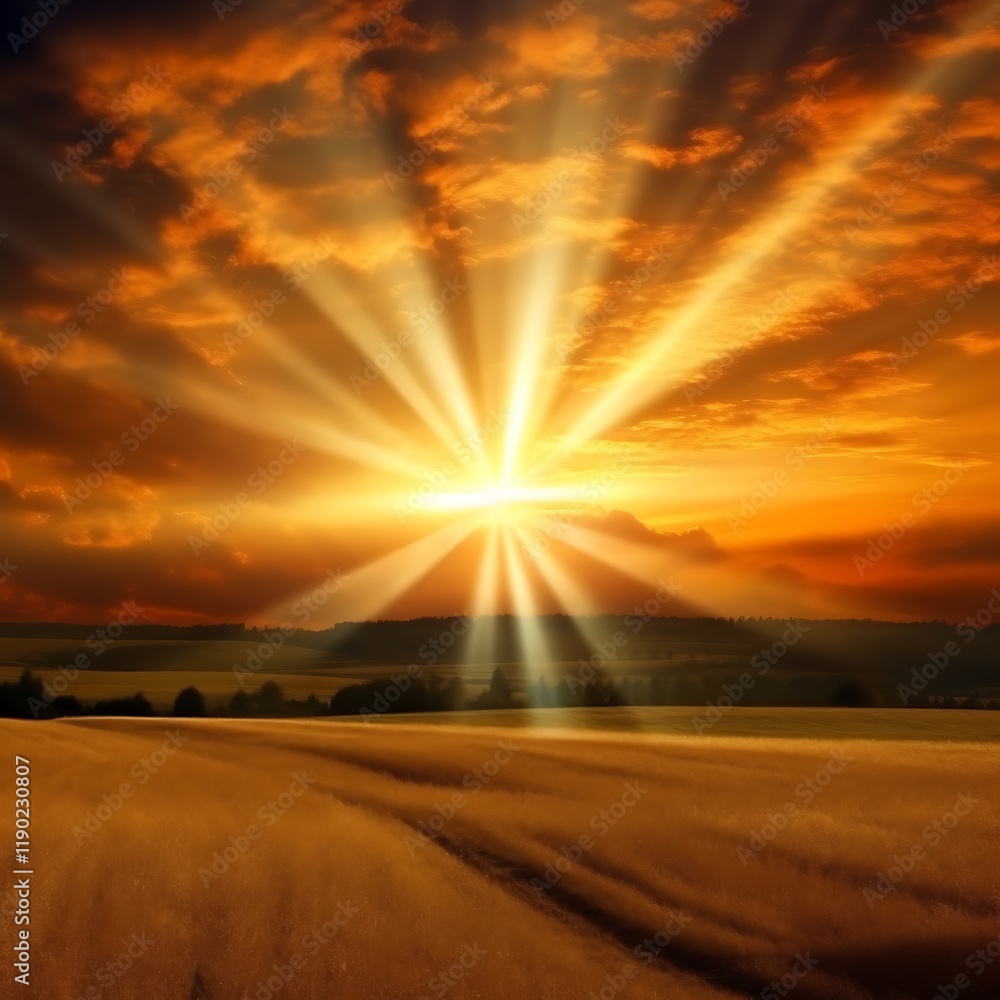 Golden Sunset Rays Over Rolling Fields Of Grain Golden Sunset Rays Over Rolling Fields Of Grain