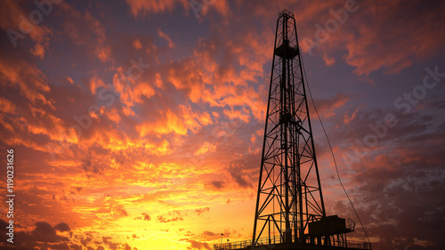 A majestic oil derrick in the middle of an open field at sunset
