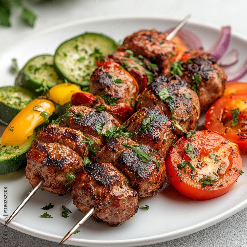 Grilled Skewers with Fresh Vegetables on a White Plate Grilled Skewers with Fresh Vegetables on a White Plate