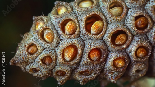 Close-up of a pine cone with visible seeds, highlighting its intricate structure, natural textures, and earthy tones. photo