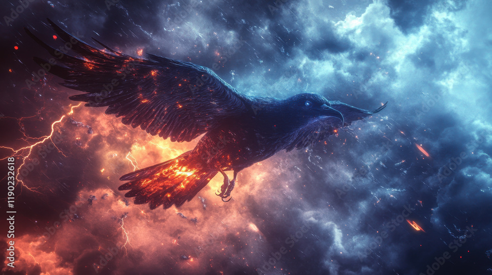 Obraz premium Raven flying amidst stormy skies and lightning