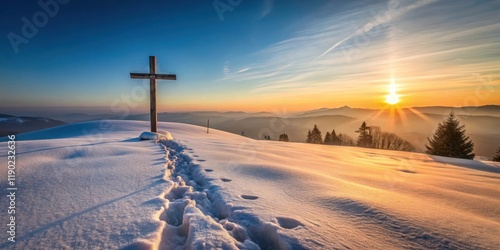 Serene Sunset Vista A Wooden Cross Stands Sentinel on a Snow-Covered Mountain Peak, Footprints Leading Towards It, as the Sun's Golden Rays Illuminate the Landscape photo