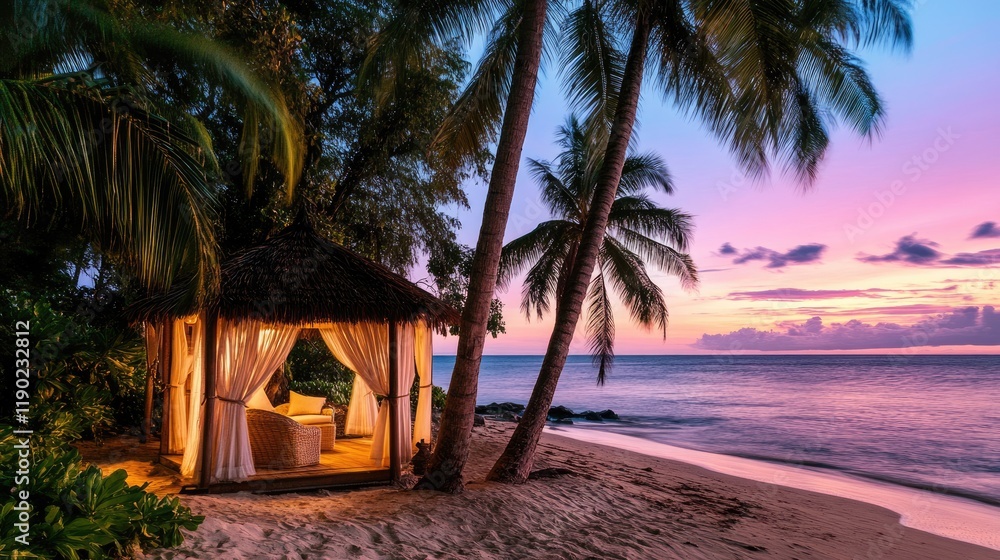 Obraz premium A relaxing scene of a beachside cabana under palm trees with the sunset glow.