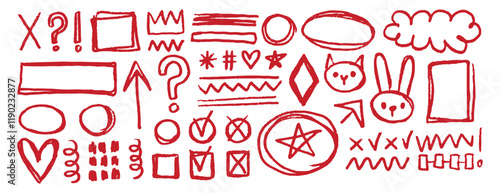 Red underline doodle pencil hand drawn elements set. Grunge line ellipses, punctuation marks, direction pointers, arrows, stars, question mark. 