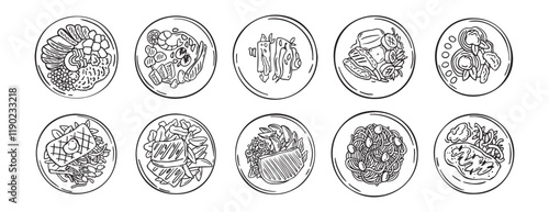 Meal served on plate top view hand drawn doodle icons vector set. Outline drawing line clipart symbol hand drawn fried meal collection