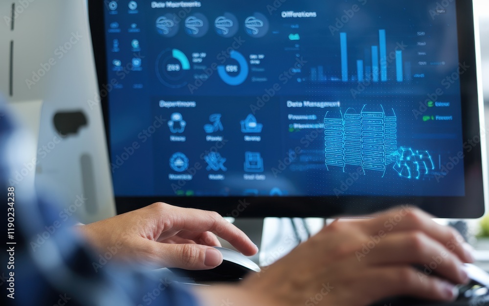 Person using computer displaying data management graphics Person using computer displaying data management graphics