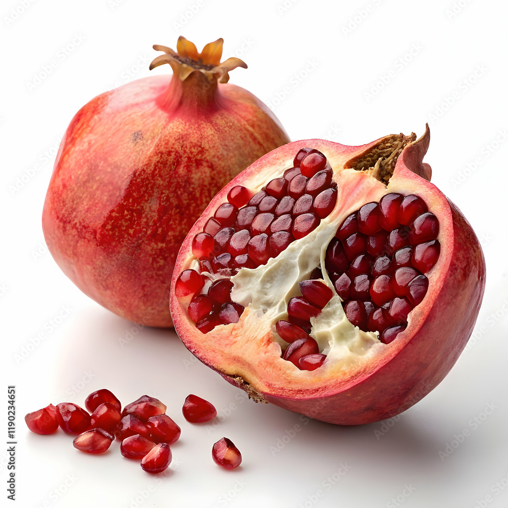 Delicious pomegranate with fresh cut pieces on a clean white background Delicious pomegranate with fresh cut pieces on a clean white background