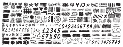 Grunge scribble freehand shapes and stripes numbers, emphasis hand drawn doodle squiggles marker arrows. Chalk painted scrawl frames doodle rouge scratches. 