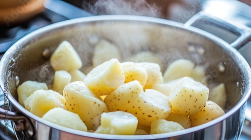 A steamy pot of potatoes being drained over the sink in a modern kitchen.