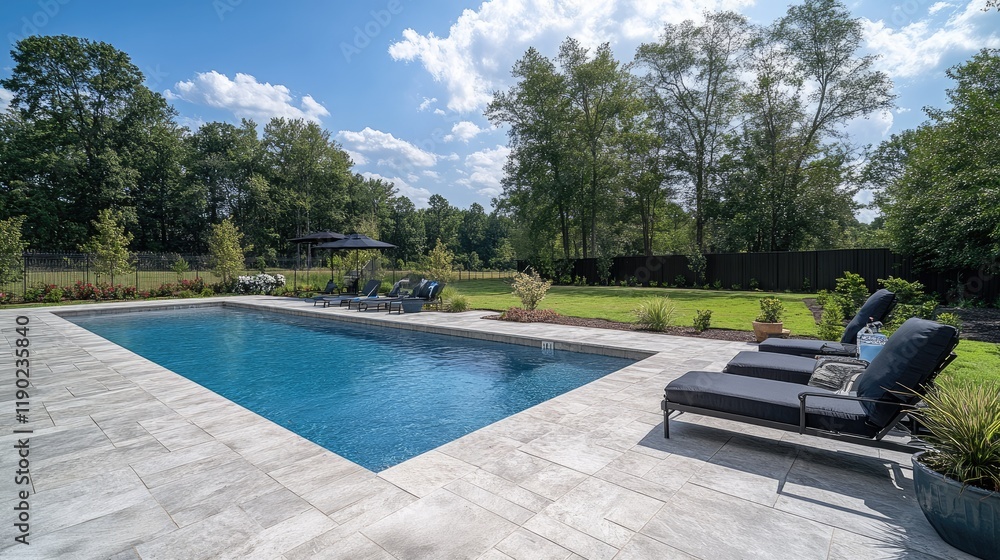 A stunning swimming pool with a deck area, lounge chairs, and a large garden. A stunning swimming pool with a deck area, lounge chairs, and a large garden.