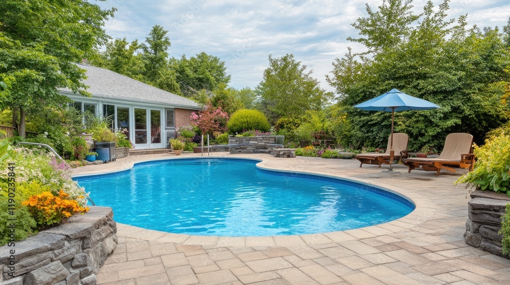 A stunning swimming pool with a deck area, lounge chairs, and a large garden. A stunning swimming pool with a deck area, lounge chairs, and a large garden.