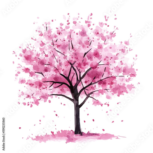 A watercolor illustration of a Japanese cherry blossom tree, isolated on a white background. Japanese cherry blossom tree vector.
