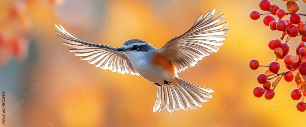 Obraz premium Bird in flight near red berries, autumn colors.