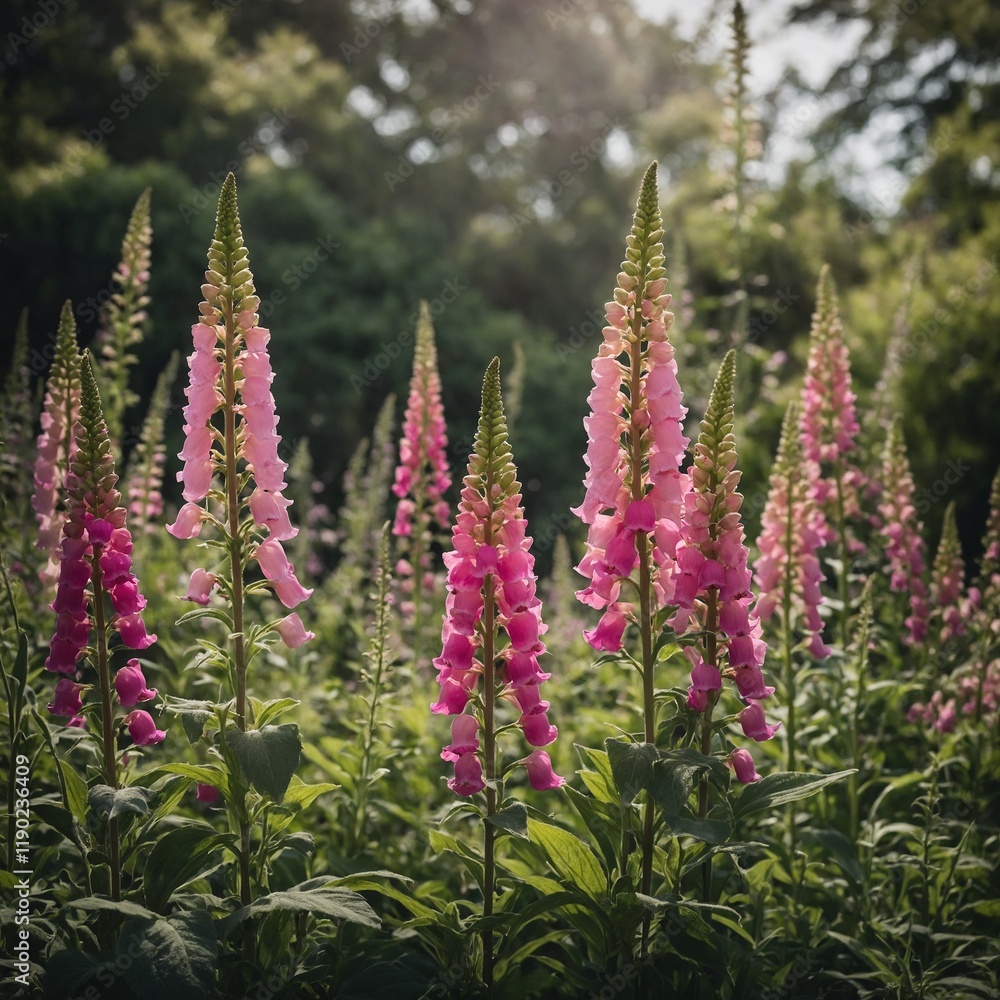 Obraz premium A dreamy garden scene with pink foxgloves swaying in the breeze.