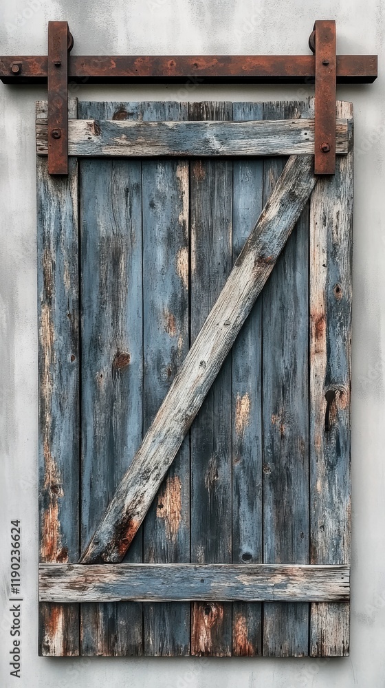 A barn-style wooden door with weathered paint and natural wood textures A barn-style wooden door with weathered paint and natural wood textures