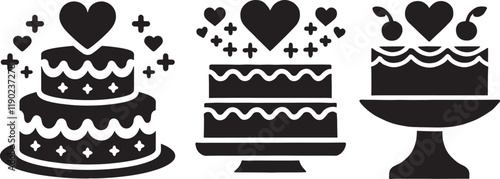 Wedding cakes, black and white silhouettes, tiered cakes, heart decorations, cake stands, stylized desserts, minimalist design, celebration icons, anniversary symbols, bakery clipart, romantic motifs