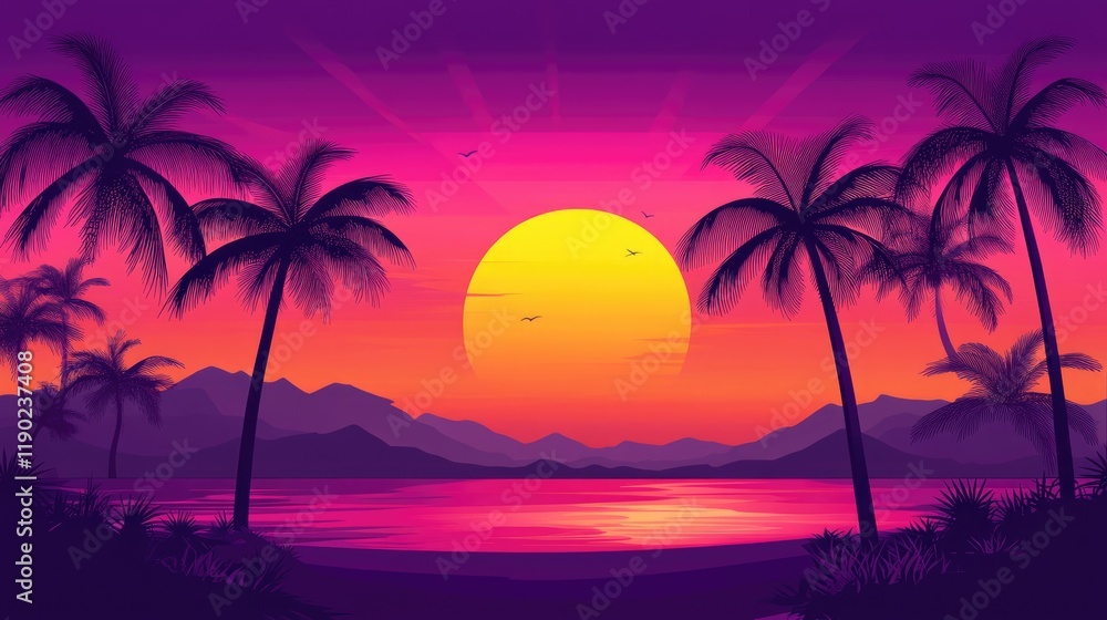 A tropical paradise beach with scattered palm trees and a mesmerizing sunset. A tropical paradise beach with scattered palm trees and a mesmerizing sunset.