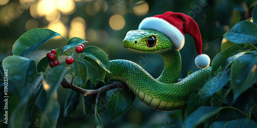 Green Wooden Snake in Santa Hat on a Pile of Christmas Gifts photo