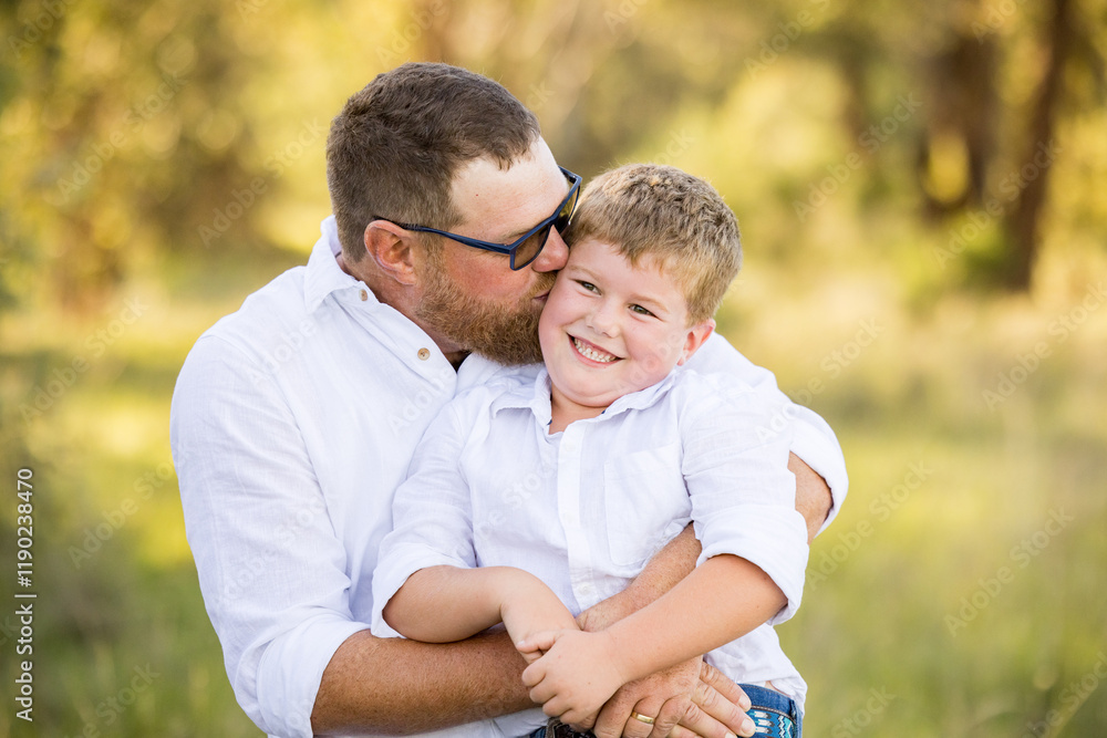 Father and son portrait in rural Australian bush setting Father and son portrait in rural Australian bush setting