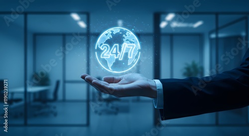 Constant availability concept with 24 7 holographic globe resting on hand in corporate environment photo