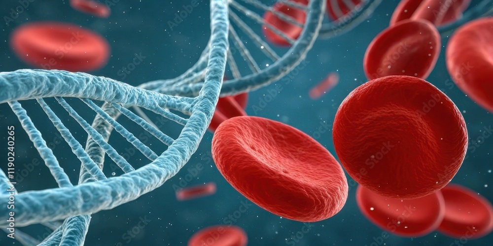 Fototapeta premium The image depicts a close-up of DNA strands alongside red blood cells, illustrating the connection between genetics and human biology.