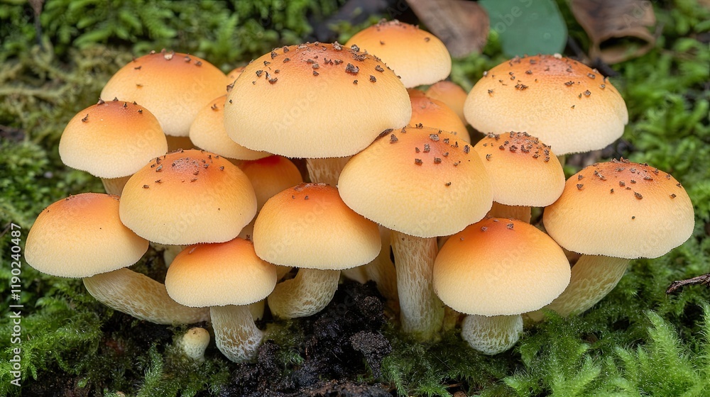 Fototapeta premium Small, delicate mushrooms growing in clusters in a mossy forest, bathed in soft light.