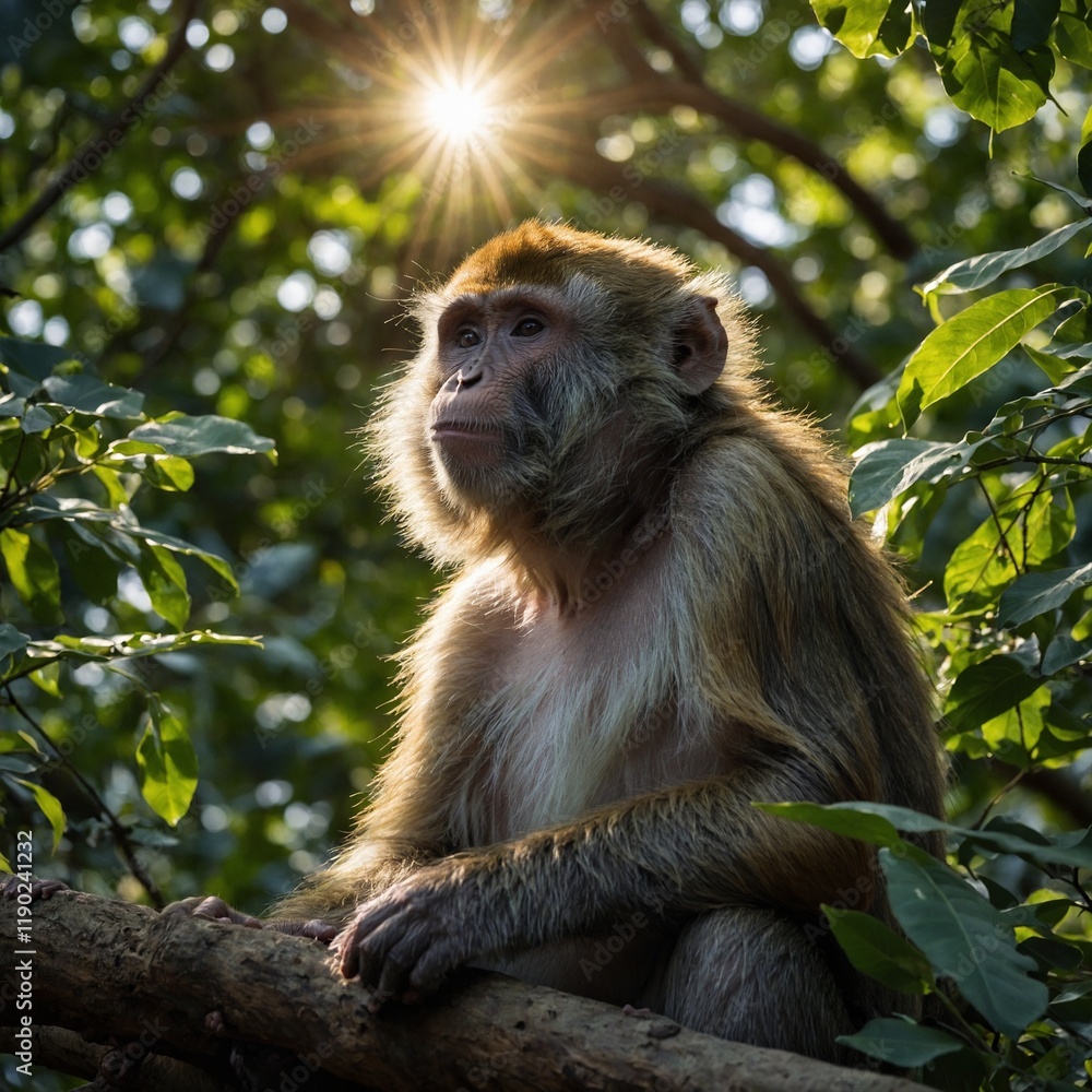 Fototapeta premium A wise monkey sitting under a sacred tree, with beams of sunlight breaking through the canopy.