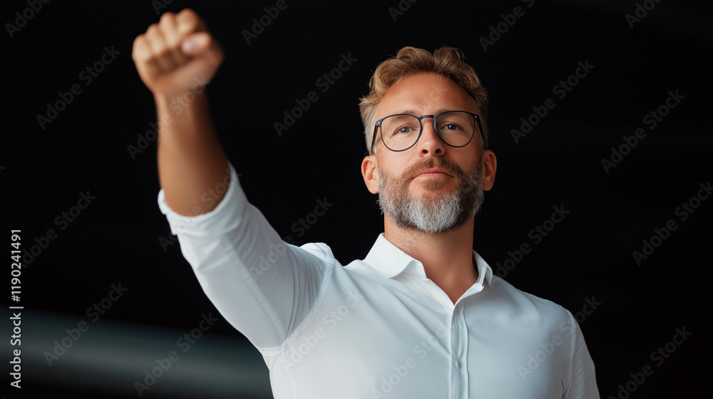 Confident man raises fist in a powerful gesture against a dark background. Confident man raises fist in a powerful gesture against a dark background.
