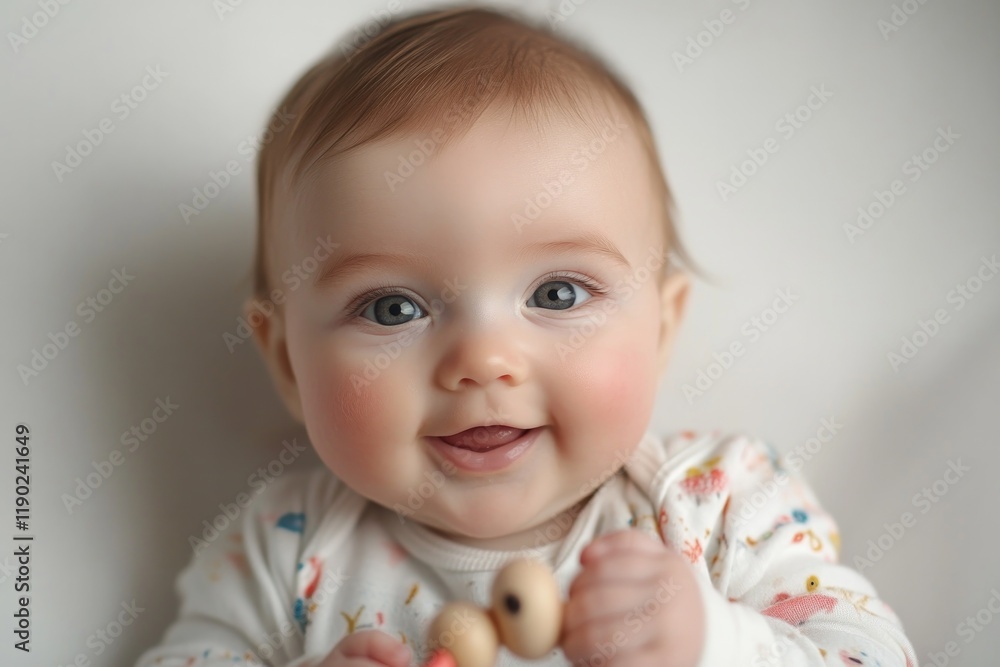 Smiling baby with bright eyes holding toy, showcasing innocence Smiling baby with bright eyes holding toy, showcasing innocence