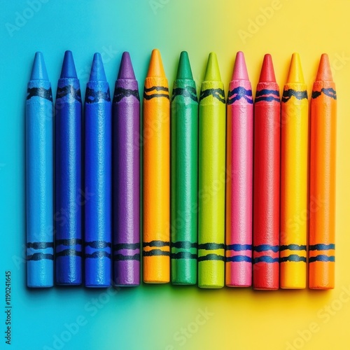 Colorful crayons arranged on a blue and yellow background.