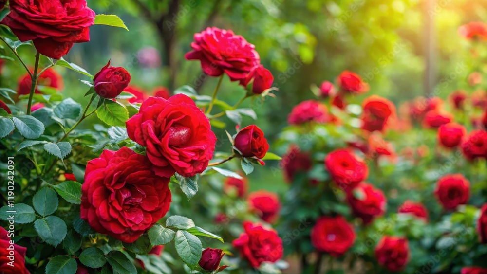 A beautiful red rose bush with dark green leaves and stems in a garden surrounded by lush greenery and soft focus, floral A beautiful red rose bush with dark green leaves and stems in a garden surrounded by lush greenery and soft focus, floral