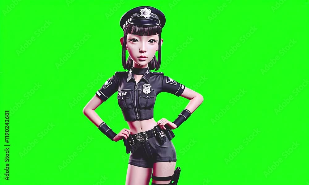 Fashion asian girl character police style on green screen background. Fashion asian girl character police style on green screen background.