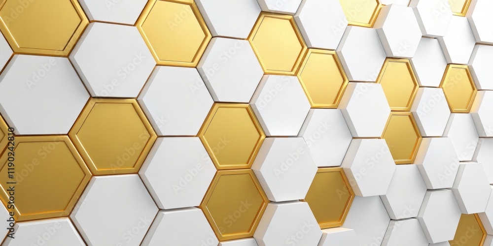 A modern wall design featuring a pattern of hexagonal tiles in white and gold, creating a sleek, contemporary aesthetic.