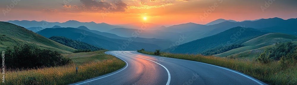 Fototapeta premium asphalt road winding through mountains, sunrise lighting, panoramic view, breathtaking natural scenery, morning road trip