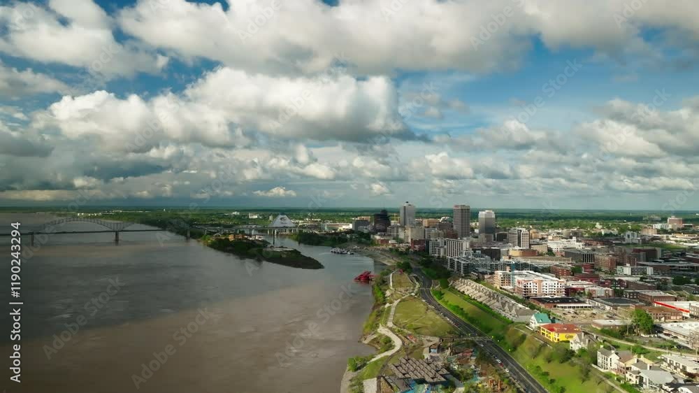 Aerial Beautiful View Of Famous Bridge Over River By Residential City, Drone Flying Backwards On Sunny Day - Memphis, Tennessee Aerial Beautiful View Of Famous Bridge Over River By Residential City, Drone Flying Backwards On Sunny Day - Memphis, Tennessee