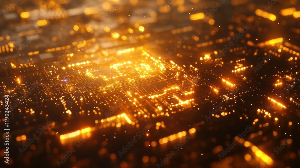 Naklejka premium A complex abstract circuit board with glowing paths and a metallic texture