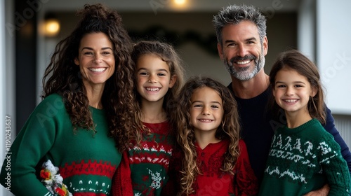 Happy Family Christmas Portrait: A Festive Gathering of Parents and Children in Matching Holiday Sweaters