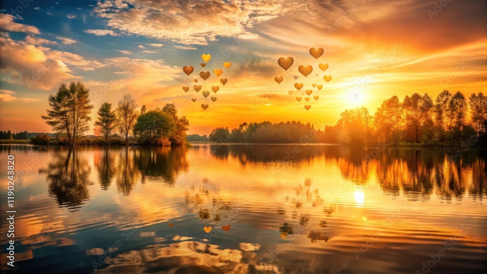 Floating hearts overlay on a serene lake at sunset, with trees reflected in the water, peaceful, golden light, peaceful Floating hearts overlay on a serene lake at sunset, with trees reflected in the water, peaceful, golden light, peaceful