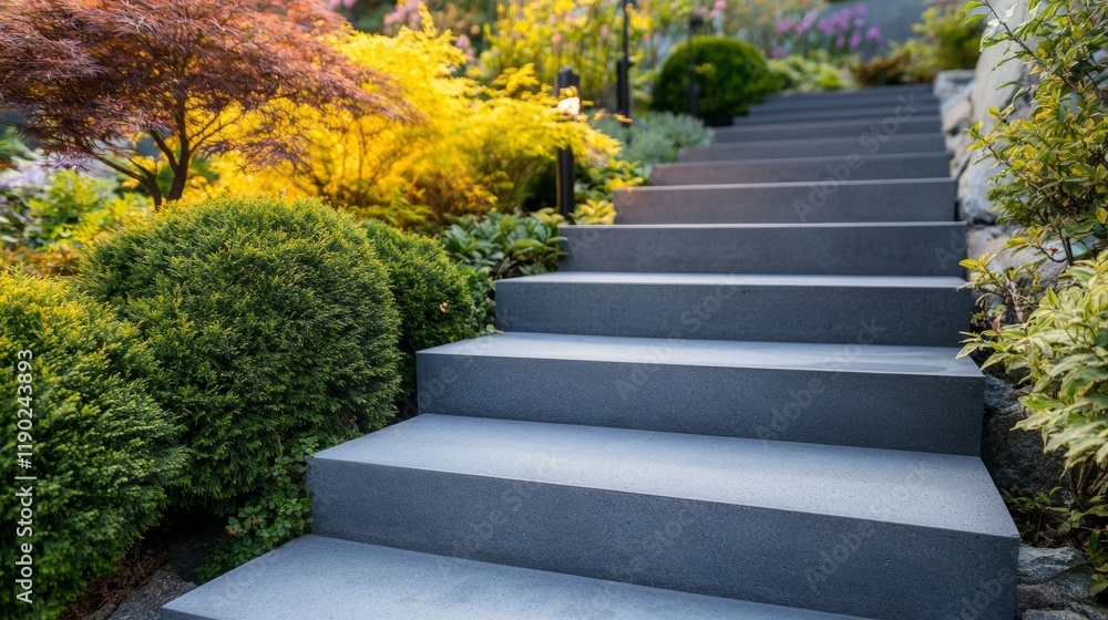 Closeup of Concrete Stairs in Beautifully Landscaped Backyard Garden Planted with Various Shrubs and Bushed and Decorated with Outdoor Garden Lights. Closeup of Concrete Stairs in Beautifully Landscaped Backyard Garden Planted with Various Shrubs and Bushed and Decorated with Outdoor Garden Lights.
