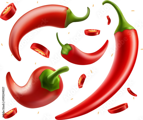 Red chilli pepper in different positions. slice and ring of hot vegetable spice Hot spicy chilli peppers compositions 3d ripe chili on white background.