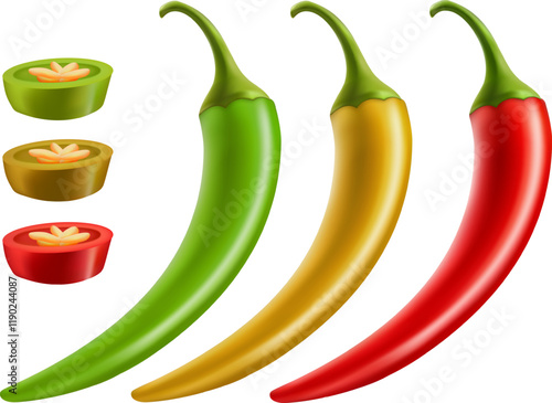 Collection of hot peppers Red Green Yellow . slice and ring of hot vegetable spice Hot spicy chilli peppers compositions 3d ripe chili on white background.