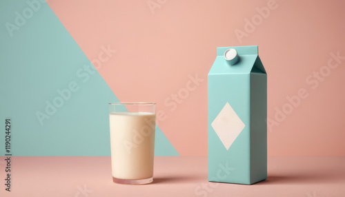 Colorful milk carton and glass on pastel background