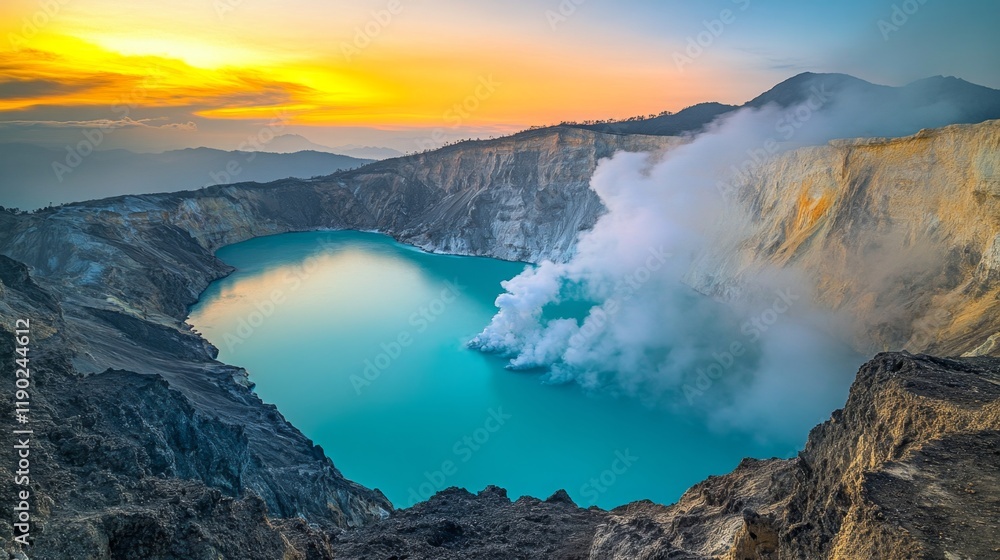 Fototapeta premium Volcanic Crater Lake at Sunrise: A Stunning Landscape