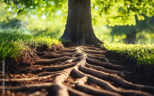 growth concept, tree roots expanding, symbolizing growth and development, flourishing nature, personal and professional evolution photo