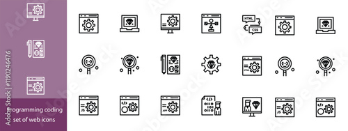 set of Programming coding web icons in line style. Software development icons for web and mobile app. Code, api, programmer, developer, information technology, coder and more.