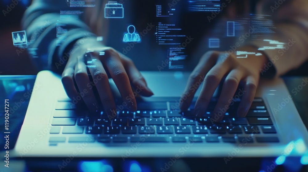 Cybersecurity expert working late, data streams flow around her hands while she types on her laptop. Cybersecurity expert working late, data streams flow around her hands while she types on her laptop.